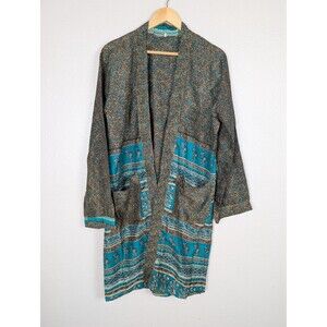 Earthbound Trading Co Kimono Womens Medium Brown Teal 100% Silk Boho Robe Jacket
